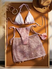 Conjunto de bikini para mujer, estilo bohemio con decoración de cinta de ganchillo y conchas, falda de playa ajustable con cordón para vacaciones - Rosa - Ver 4