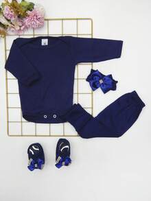 4 Piece Set Long Sleeve Bodysuit With Booties, Hairband And Ribbed Knit Pants / Baby Girl Set With Booties And Hair Bow In Navy Blue - 藏蓝色 - 查看 13