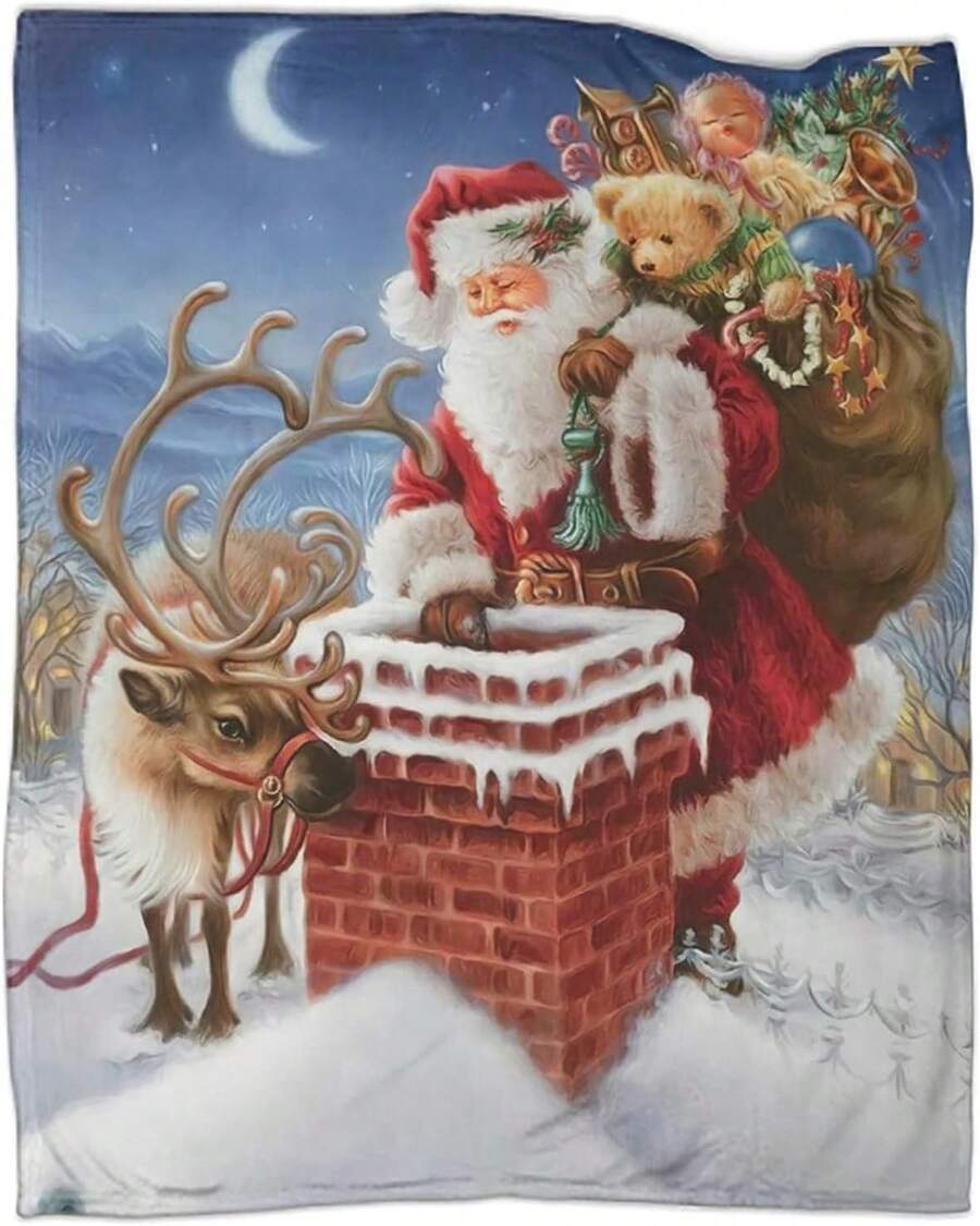 Christmas Blanket Chimney Santa Blanket Flannel Bed Cozy Soft Plush Bed Sofa Living Room - màu đen - Xem 1