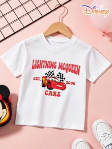 Disney Cars Lightning McQueen Kids T-Shirt, Double-Sided Print Racing Graphic Tee, 100% Cotton Crew Neck Casual Short Sleeve, Boys & Girls Streetwear Daily Outfit, Ideal Gift For Kids, Perfect Children's Day Gift, Great For Back To School, Travel & Everyday Wear - trắng - Xem 4
