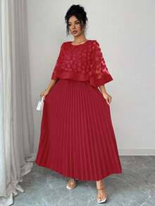 Vestido con decoración floral elegante y bajo plisado, adecuado para bodas, fiestas de cumpleaños y otras ocasiones, otoño - Rojo - Ver 5
