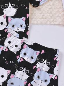 2pcs/Set Toddler Girls Pajama Set, Black Cute Kitten Print Round Neck Casual Short Sleeve Top + Elastic Loose Shorts, Summer Thin Fabric, Soft Comfortable Breathable, Suitable For Holiday Party Vacation, Soft Breathable Casual All-Season Loungewear - Black - View 5