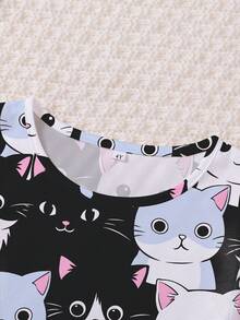 2pcs/Set Toddler Girls Pajama Set, Black Cute Kitten Print Round Neck Casual Short Sleeve Top + Elastic Loose Shorts, Summer Thin Fabric, Soft Comfortable Breathable, Suitable For Holiday Party Vacation, Soft Breathable Casual All-Season Loungewear - Black - View 3