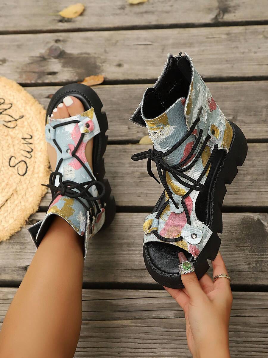 Giày sandal đế xuồng hở mũi buộc dây cho nữ, sandal cao cổ đế dày khoét rỗng kiểu La Mã cổ điển, hàng mới về mùa hè 2025.