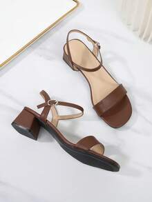 Sandales à bride de cheville à talon compensé avec bout ouvert, style français mi-talon pour femmes grandes tailles, sandales polyvalentes à talon haut classique - Tabac - Voir 13