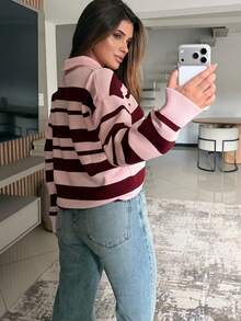 Striped Polo Shirt In High-Quality Modal Knit, Wide Leg, For Mother's Day - Pink Baby - View 2