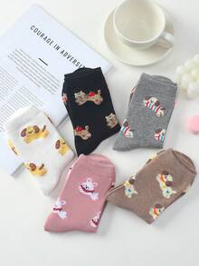 4 pares de calcetines tipo tripulación con estampado de cachorros lindos para mujeres, calcetines minimalistas de moda hasta el tobillo, calcetines de jacquard con dibujos animados personalizados, suaves y cómodos, adecuados para la familia, reuniones, regalos, uso diario en todas las estaciones, esenciales escolares, colores aleatorios - Multicolor - Ver 3