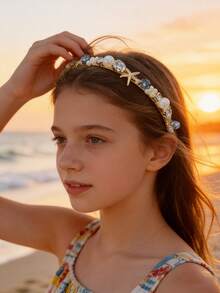 1pc Elegant Ocean Style Headband, Shiny Shell & Starfish Thin Hair Hoop, Casual Mermaid Style Hair Accessory, Suitable For Girls, Great For Gifts And Photo Props, Wedding Starfish Hair Decor - Multicolor - View 2