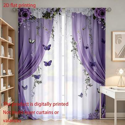 2pcs Semi-Shading Bedroom Curtains With Purple Floral And Butterfly Pattern, Rod-Pocket Design No Drilling Required, Easy Installation And Smooth Sliding. Elegant Style Curtains For Living Room And Kitchen, Suitable For Home Decoration, Room Decoration And Room Partition. Made Of Polyester, Machine Washable And Hand Washable