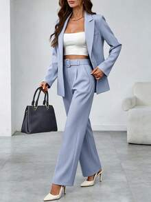 Women's Spring/Autumn Office & Casual Single-Breasted Long Sleeve Blazer With Belt & Straight Leg Pants Suit - Dusty Blue - View 7