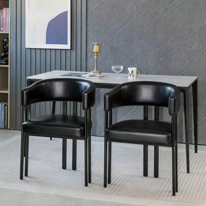 Modern Dining Chair – Imitation Leather Upholstered Barrel Dining Chair With Armrests & Integrated Curved Back – Metal Chair For Kitchen, Living Room & Restaurant