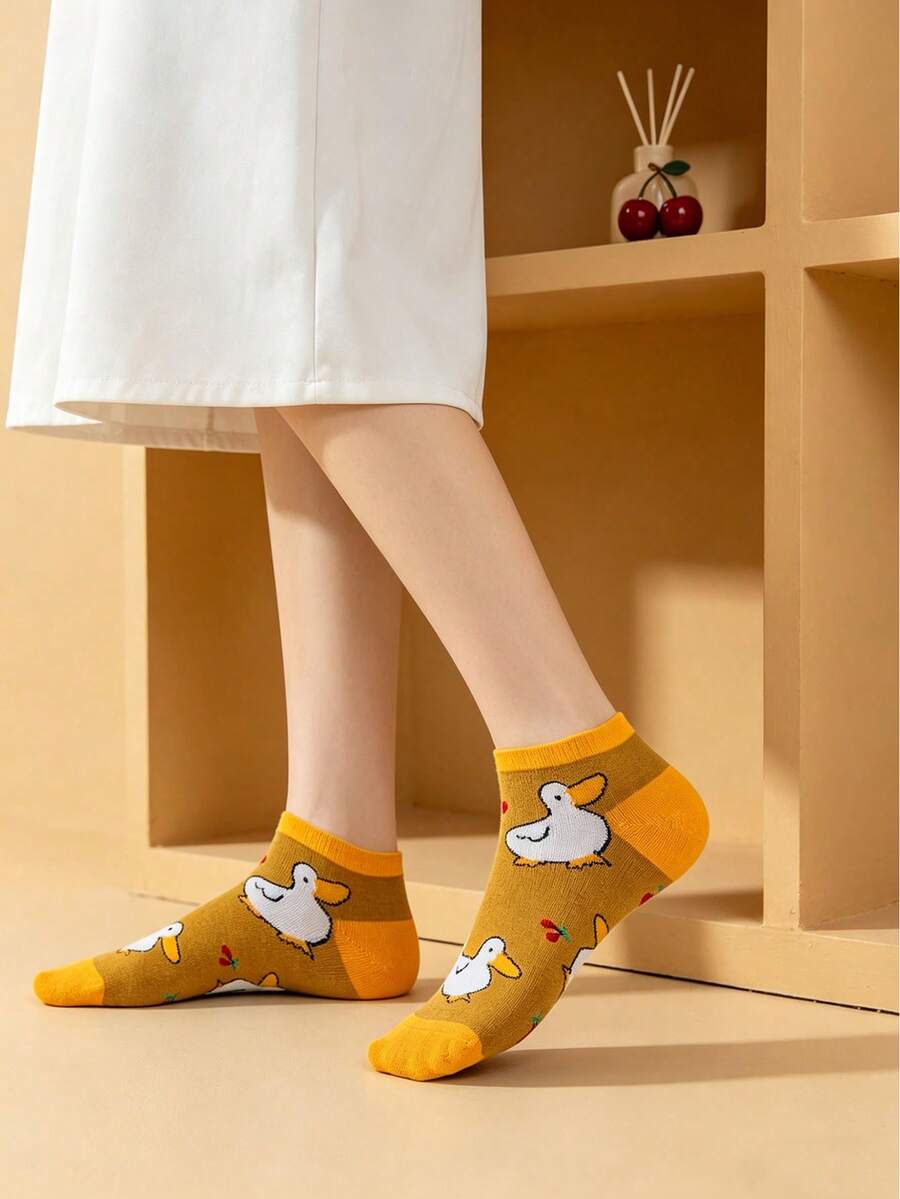 5 đôi tất unisex họa tiết vịt con màu vàng, tất cổ ngắn dễ thương cho nam và nữ, tất mùa hè đa năng. - Nhiều màu - Xem 1