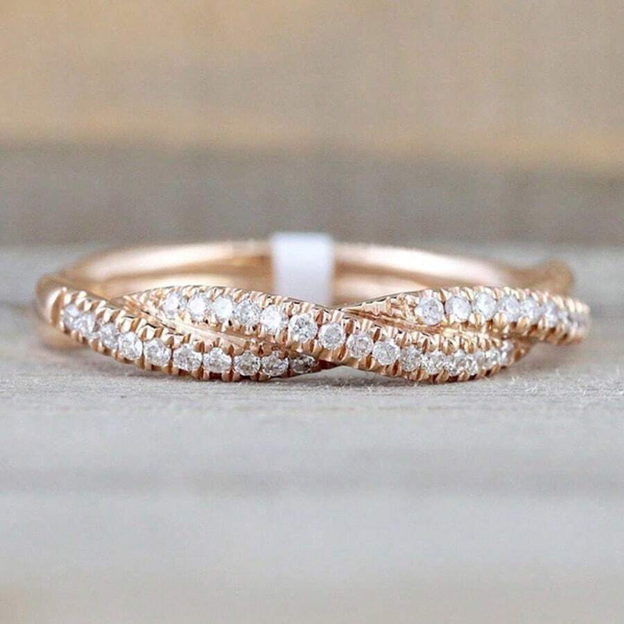 Damen kreativ verdrehter Seil geflochtener Ring mit halbkreisförmigem Zirkonia, rosévergoldet, minimalistischer Alltagsring - Roségold - Übersicht 1