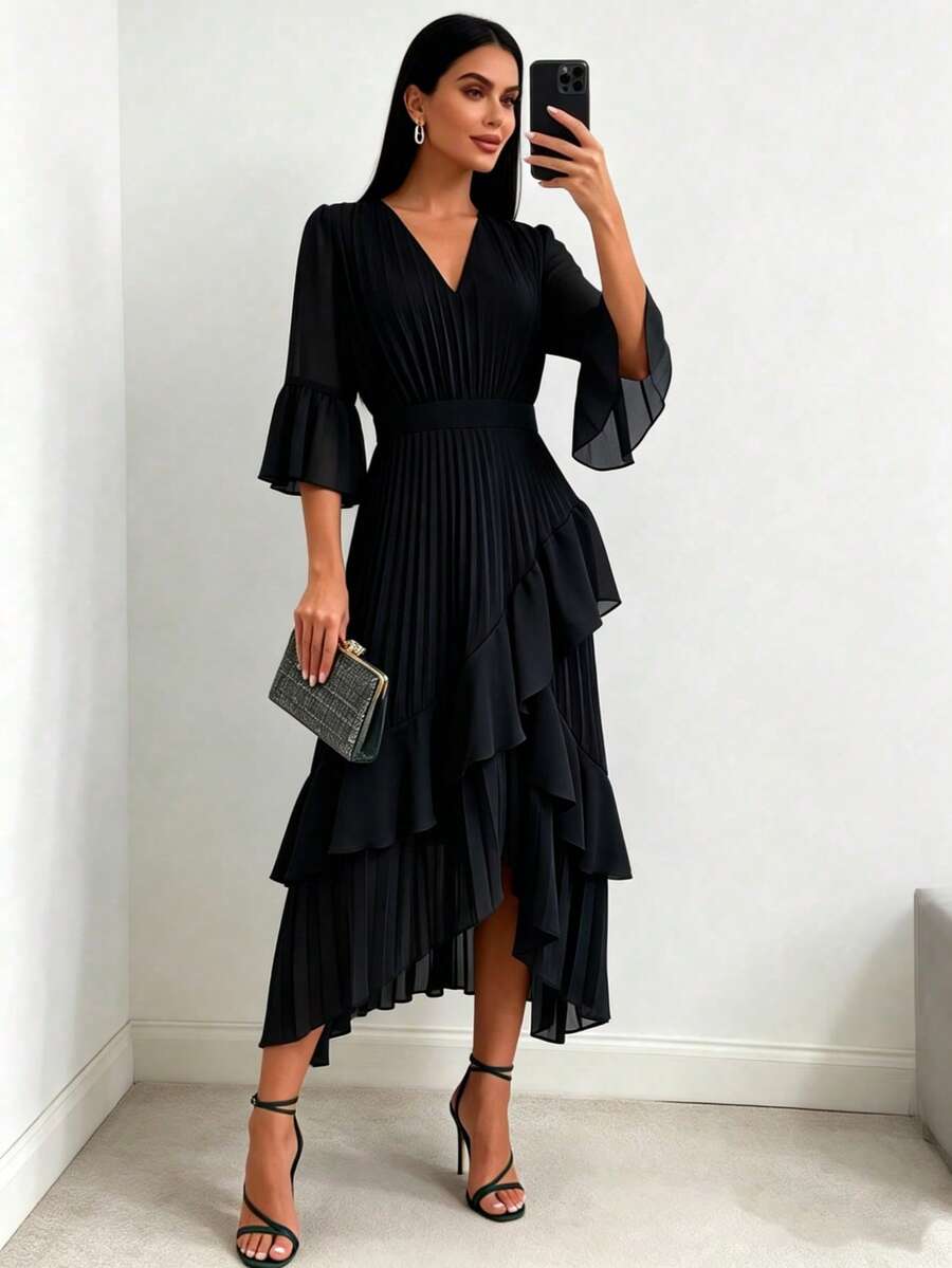 Solid Color Elegant Casual Vacation Asymmetric Hem Ruffle Waist A-Line Dress, Summer Black - Black - View 1
