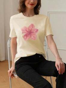 camiseta de mujer de cuello redondo con estampado floral, de moda casual, suave y versátil para primavera/verano, color rosaPure Cotton Short-Sleeve Shirt - Caqui - Ver 2