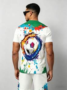 Men's 3D Flame Football Graffiti Sports Set, Splatter Short Sleeve T-Shirt + Shorts 2-Piece Casual Sports Outfit, Summer - Multicolor - View 3