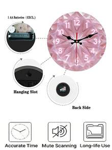 2D Flat Design. 1pc. Pink Diamond Theme Silent Decorative Wall Clock, Creative Wall Clock, Suitable For Bedroom, Living Room, Office Decor, Size 10/12/14 Inches, AA Battery Not Included, 2D Flat - Multicolor - View 6