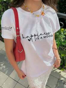 Playera Casual Corte HolgadoCamiseta de manga corta con estampado sencillo y lindo, estilo casual y versátil para vacaciones, cuello redondo, holgada, adecuada para uso diario y vacaciones. Camiseta de manga corta con estampado, adecuada para uso diario en verano, apta para días festivos como el Día de San Valentín, inicio de clases, Día del Maestro, etc. Camiseta de manga corta con estampado de letras, suave, holgada y cómoda, estilo callejero relajado y versátil para vacaciones - Blanco - Ver 3