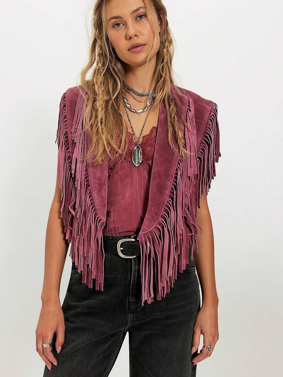 Retro Western Fringe Vest, Open Front Sleeveless Waistcoat, Vintage Cropped Vest for Women's Boho Streetwear - Rosa - Ver 1