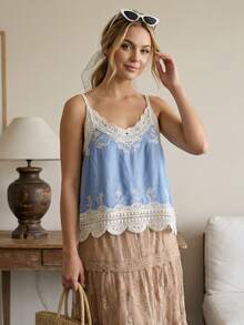 Top de tirantes finos con escote en V y ribete de encaje, estilo bohemio - Adecuado para verano y vacaciones en la playa - Celeste - Ver 3