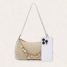 Shells Pearl Straw Woven Underarm Bag Casual All-Matching Commuting Bag Niche High-End Shoulder Bag Women's Boho Seashell Pearl Beaded Straw Bags Zipper Single Strap Underarm Purses - Màu trắng sữa, kích thước 24*6*14cm - Xem 5