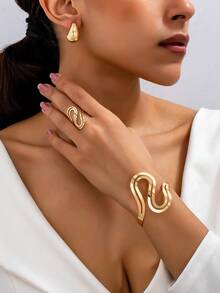 4pcs/Set Fashionable Metallic Geometric Hollow Water Drop Shaped Ring, Bracelet And Earring Set For Women - Yellow Gold - View 6