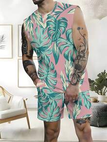 Summer Outfits For Men Tropical Leaf Pattern 2026 Summer New Styles Men's Plus Size Wide Shoulder Vest & Beach Shorts Set Two Piece Set For Beach And Vacation Wear Perfect Gift For Him - trắng - Xem 1