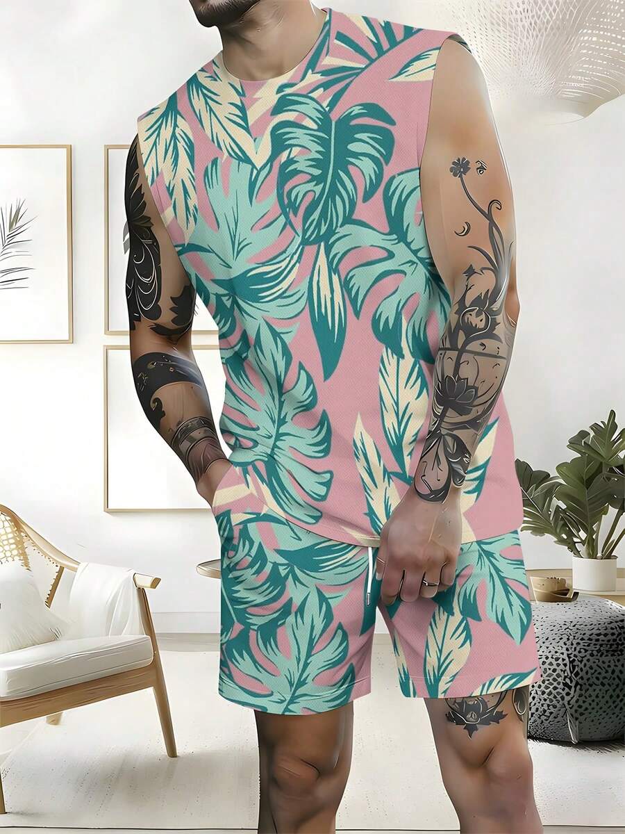 Summer Outfits For Men Tropical Leaf Pattern 2026 Summer New Styles Men's Plus Size Wide Shoulder Vest & Beach Shorts Set Two Piece Set For Beach And Vacation Wear Perfect Gift For Him - trắng - Xem 1