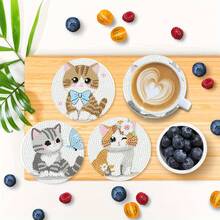 8件套钻石画杯垫套装 - 可爱猫咪图案，包含全套工具，DIY手工，春节、圣诞节、教师节的理想礼物 - 圆润闪亮钻石，防滑，乔迁新居，送给亲朋好友的实用礼物 - 彩色 - 查看 3