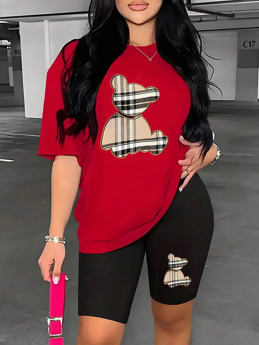 Two-Piece Set Women, Checkered Bear Print Loose T-Shirt + High-Waisted Cycling Shorts Set, A Casual And Versatile Round-Neck Short-Sleeved Top And Sports Shorts Set, Suitable For Various Activities, Sports, Yoga Training, Fitness And Daily Wear. - Đỏ + Đen - Xem 1