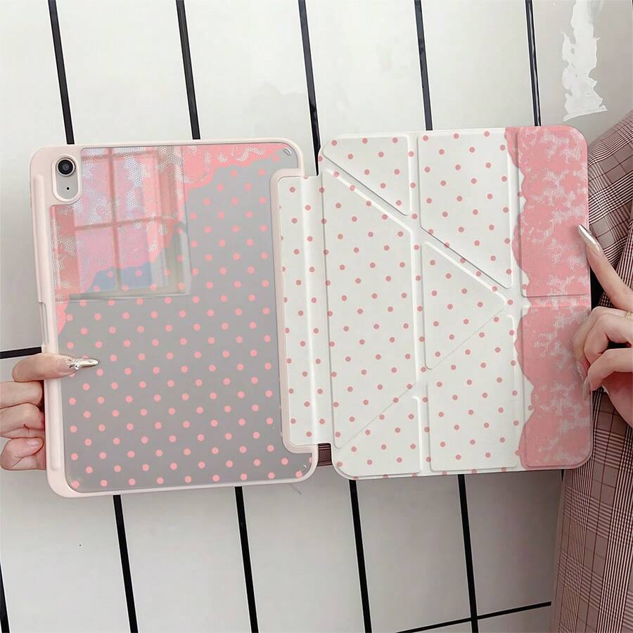 1 chiếc ốp lưng máy tính bảng chấm bi hồng và viền ren có ngăn đựng bút, tương thích với iPad thế hệ thứ 10/11 (A16 2025)/Tương thích với Samsung Galaxy S9/S7/S10+/Tương thích với /Tương thích với