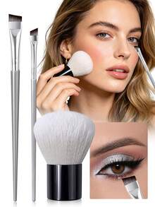 Bộ 3 cọ kẻ mày và cọ Kabuki vát cạnh, siêu mềm mại, lý tưởng cho việc kẻ mày và trang điểm phấn. - Bạc - Xem 9