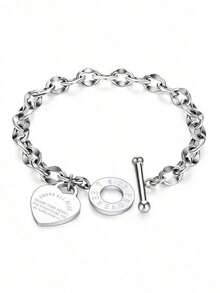 1pc Women's Stainless Steel Classic Heart Engraved Toggle Clasp Steel Chain Bracelet Valentines,Mom,Mother,Mother's Day, - 銀 - 查看 2