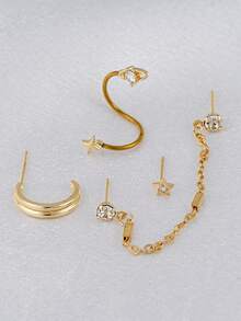 Set Anting Rantai CZ Bintang Emas Saturnus - 4 Buah Anting Tusuk Tulang Rawan & Anting Lingkaran Huggie dengan Rantai Gantung untuk Wanita, Perhiasan Tindik Telinga yang Dapat Ditumpuk - Yellow Gold - View 5