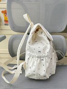 1个女童波点蝴蝶结印花抽绳翻盖背包，轻便休闲日用背包，多口袋学生书包，时尚女童/青少年/学生适用，适合通勤、上学、海滩、旅行、日常使用 - 彩色 - View 10