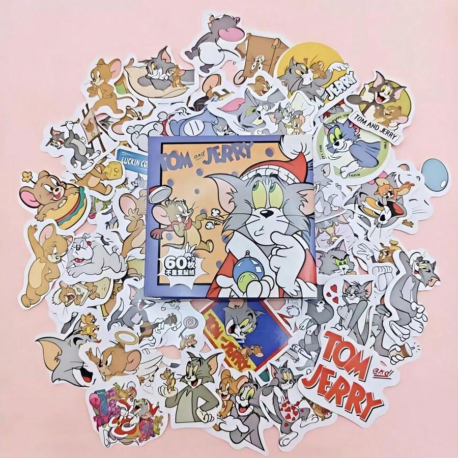 Warner Bros Bộ 63 miếng dán hình mèo và chuột hoạt hình dễ thương Tom và Jerry, chống thấm nước, thích hợp dán lên bình nước, máy tính xách tay, hộp bút, đàn guitar, hành lý, v.v. Món quà sinh nhật - quà tặng tiệc tùng - quà tặng ngày lễ - quà tặng tựu trường hoàn hảo. - Nhiều màu - Xem 1