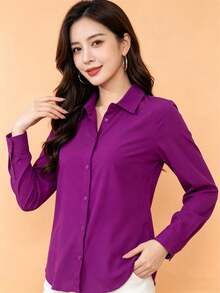Women's Long-Sleeved Shirt Made Of Beautiful Viscose Fabric. - 中紫紅色 - 查看 3