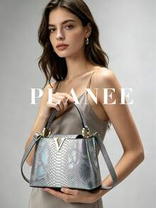[PLANEE] Designer Retro Iridescent Women's Handbag, Hardware Accessories, 2-Way Tote Shoulder Crossbody Commuter Bag - Light Grey - View 2
