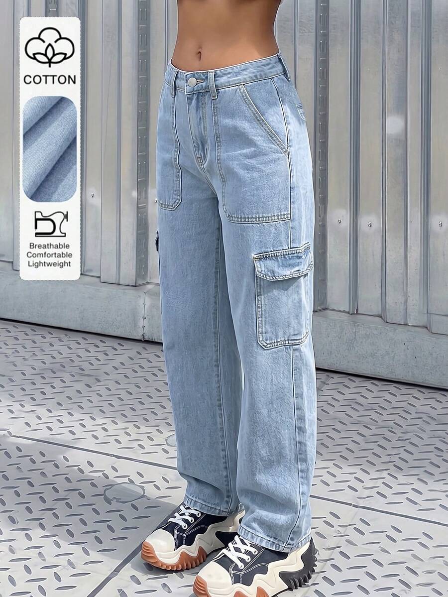 美式街頭風極簡經典 Bai Ta 工作服牛仔褲 - 中等水洗藍 - 查看 1
