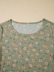 Acelitt Plus Size Allover Tiny Ditsy Floral Sheer Fabric T-Shirt Top, Suitable For Daily Wear, Beach, Holiday, Spring/Summer Casual Vacation - Green - View 6