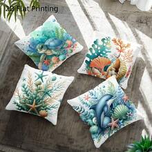 4pcs Nautical Marine Decor Throw Pillow Covers Suitable For Sofa, Bed, Dorm - Zippered Square Cushion Covers With Dolphin, Coral, Seashell & Turtle Patterns, Machine Washable Modern Coastal Bedding For, Gift, 2D Flat - Baby Blue - View 4
