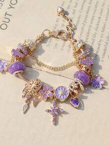 1 pieza Pulsera con dije de flor de jardín púrpura, 1 pieza Pulsera con corazón de flor de cerezo púrpura, Pulsera de cruz solar de cuento de hadas DIY - Dorado - Ver 5