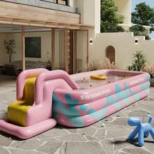 Vibrant Pink Striped Inflatable Swimming Pool, Slide, Super Large Family Adult Inflatable Pool, Outdoor Water Play Gadget, Perfect For Enjoying Summer In The Garden, Rectangular PVC Swimming Pool, Multi-Component, No Electricity Required - A - View 4
