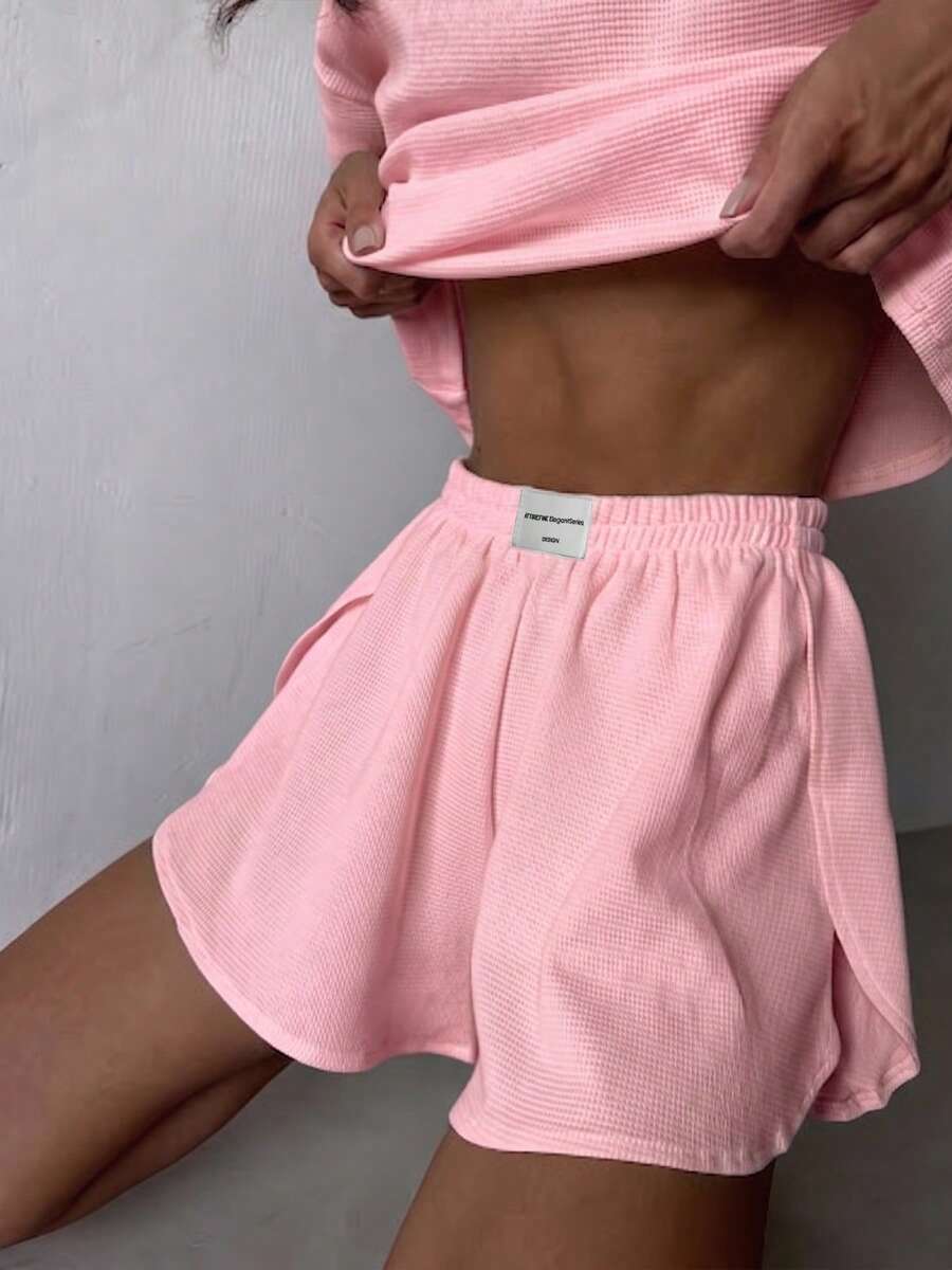 2-Pack Solid Color Mini Plaid Short-Sleeved Side Slit Wide-Leg Shorts Casual Thin Women's Pajamas Set Can Be Used At Home - 粉色 - 查看 1