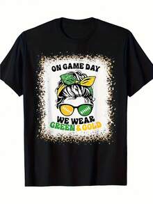Camiseta de Mujer Manga Corta Cuello Redondo, Blusa con Estampado Día de Partido Moño Despeinado Fútbol Verde Dorado Efecto Desgastado, Diseño Aficionado Deportivo Casual - Negro - Ver 2