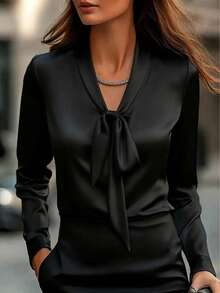 Blouse élégante en satin à col V et manches longues avec nœud, convenant pour toutes les saisons, noire - Noir - Voir 10