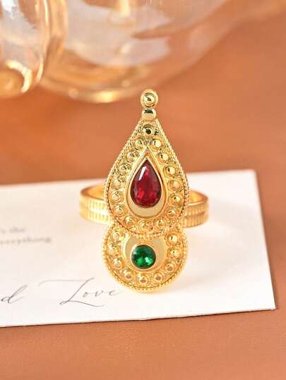 1 Pc Vintage Style Gold Plated Red And Green Zirconia Gourd Women's Ring,Meaning Good Luck,Women's Full Matching Fashion Ring,Suitable For Daily Casual Or Festival Wear