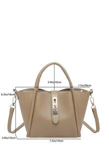 Adjustable Shoulder Strap Handbag, PU Material, Solid Color, Open Top, Random Printed Pattern, Oil Edge Treatment, Perfect For Women's Daily Use - Khaki - View 3
