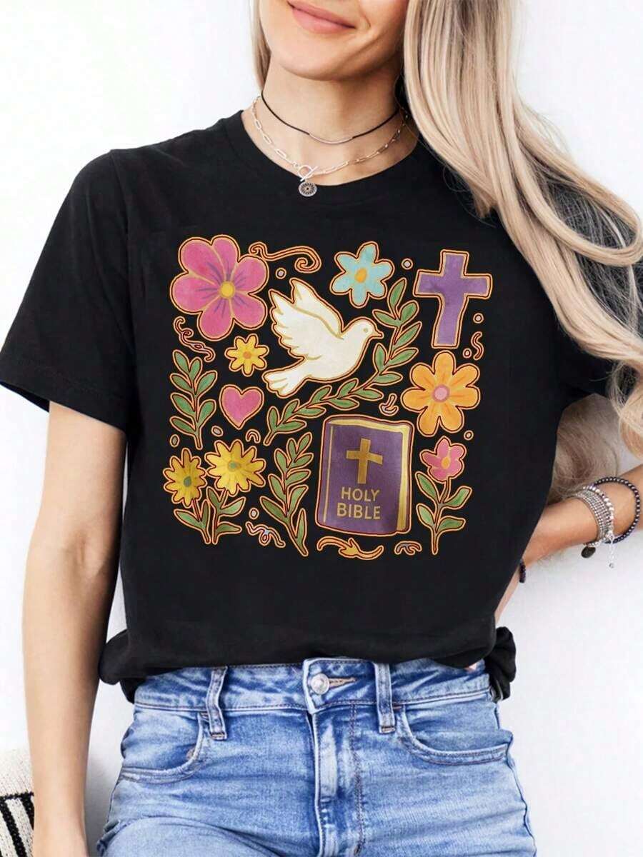 100% Cotton Unique Y2K T-Shirt With A Vibrant Design Of Dove, Flowers And Cross That Radiates Peace And Spirituality, Ideal For Lovers Of Fashion And Mexican Culture, Perfect For Any Occasion And To Highlight Your Personal Style. - 黑色 - 查看 1