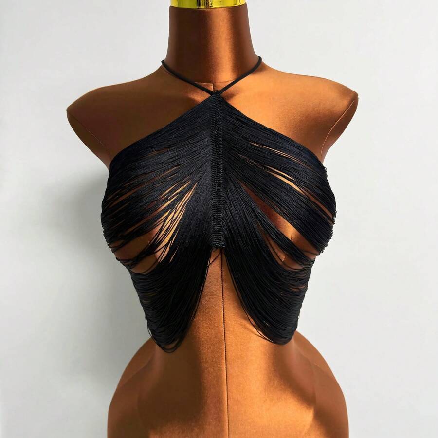 AKYZO Top Negro Sexy con Borlas Estilo Europeo y Americano, Chaleco con Cuello Halter, Ropa Versátil para Mujer, Estilo Picante - Negro - Ver 1